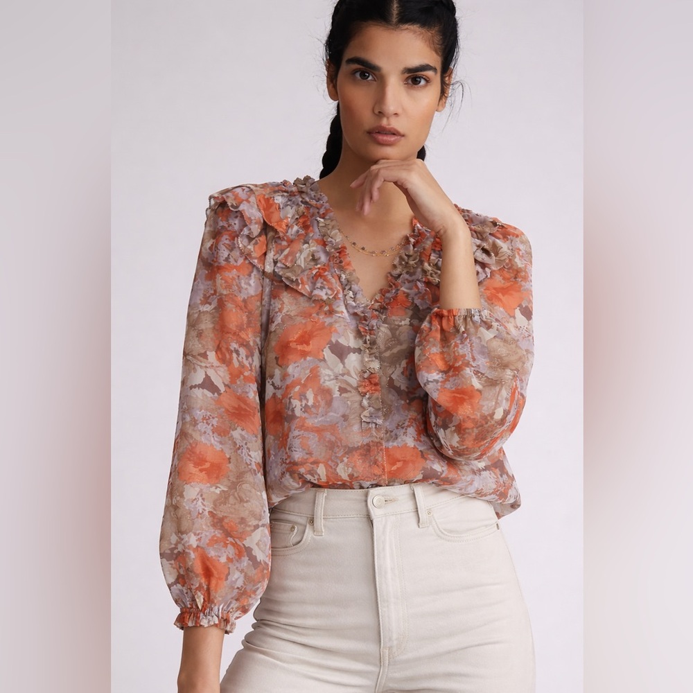 LIKE NEW Anthropologie x Current Air Ruffled Floral Blouse/Top
